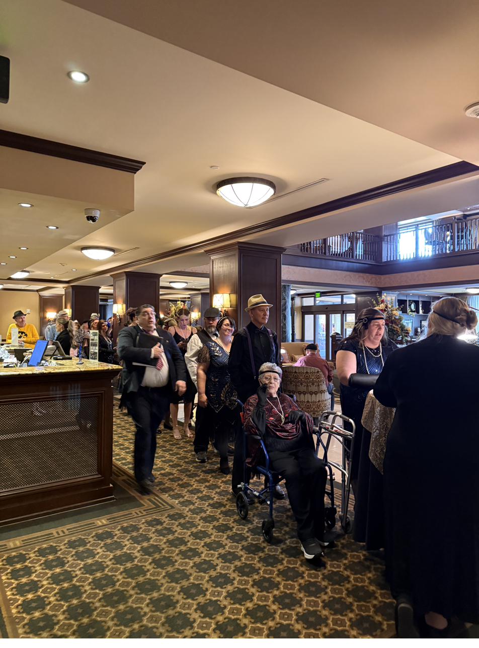 Lobby packed with costumed guests
